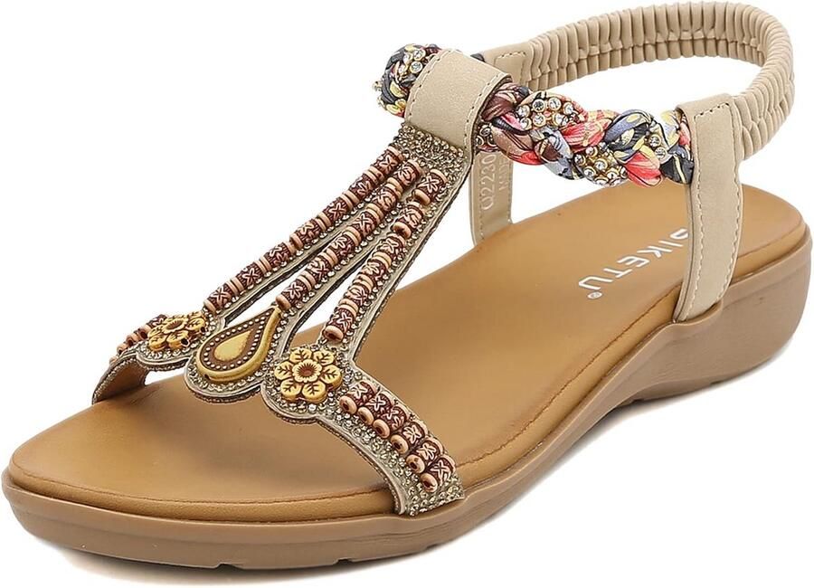 Dames Sandalen Beige met Strass en Parels Bohemian Zomersandalen voor Strand en Vrije Tijd
