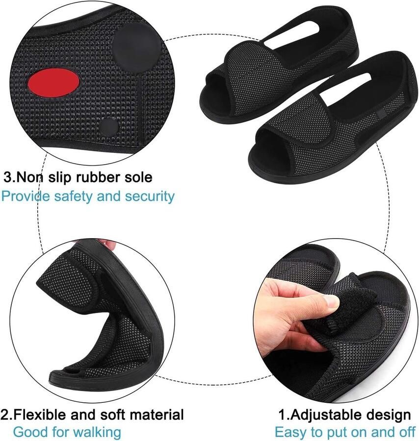 Dames Sandalen Extra Wijde Bandageschoenen Revalidatieschoenen met Sluiting Zachte Rubber Zool Ademend en Comfortabel voor Volwassenen en Senioren EU Zwart - Foto 1