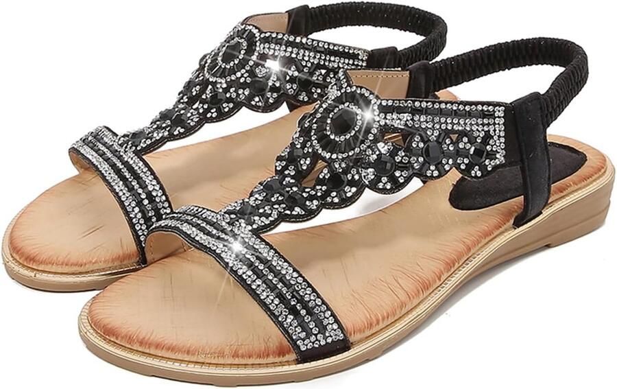 Dames Sandalen Lage Wedge Hak Bohemian Diamant Rhinestone Slingback Open Teen Perfect voor Zomervakantie ShopVlot