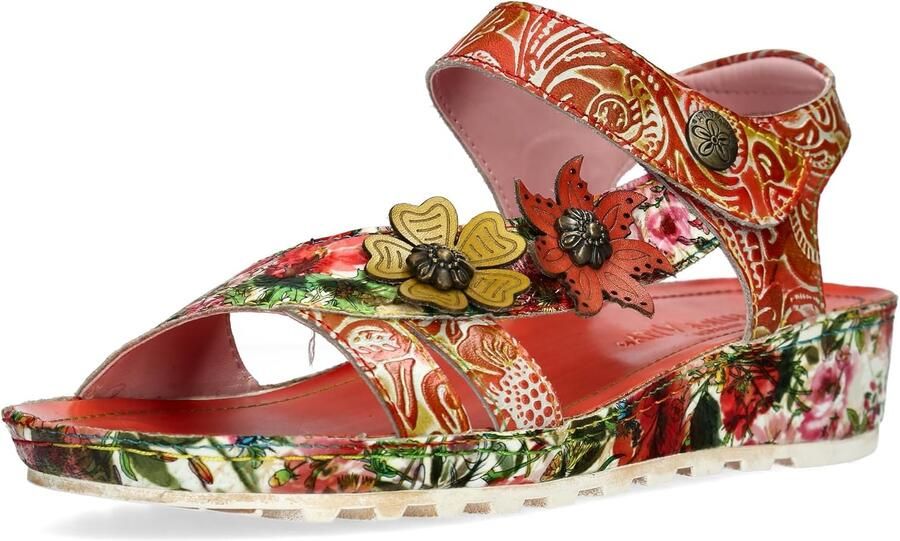 Dames Sandalen Leer Bloemenprint Rode Wedge Hak