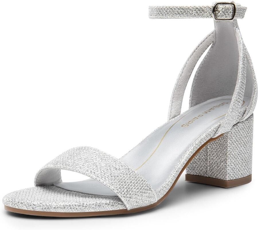 Dames Sandalen met Blokhak en Enkelband Zilver Glitter