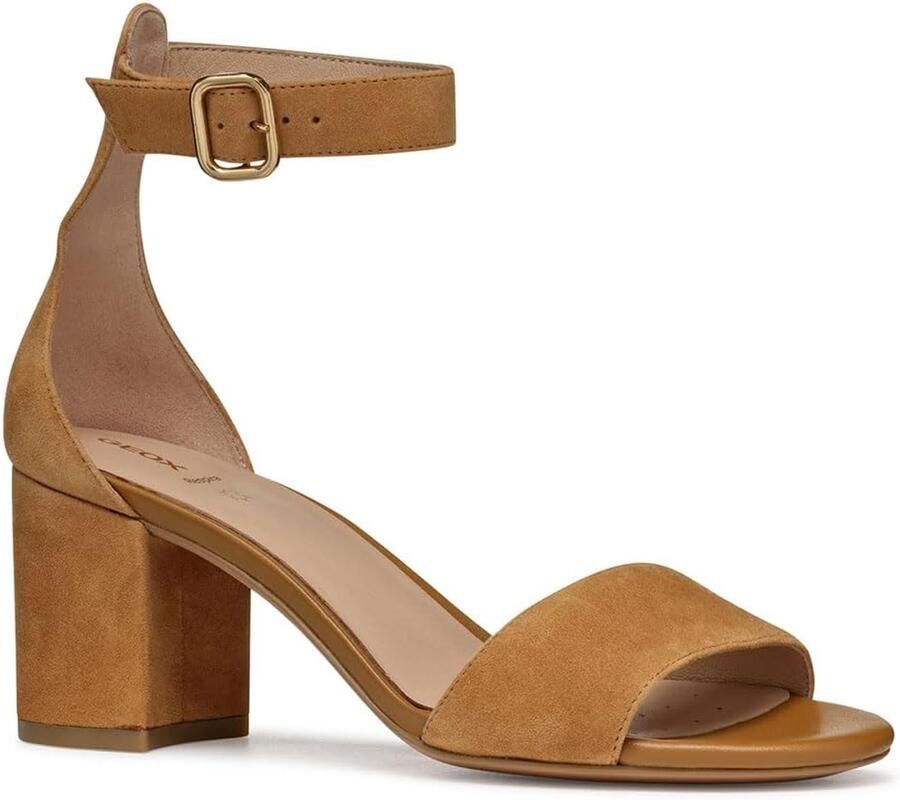 Dames Sandalen met Blokhak en Gesp Cognac Leer