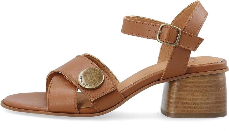 Dames Sandalen met Blokhak en Gesp Cognac Leer