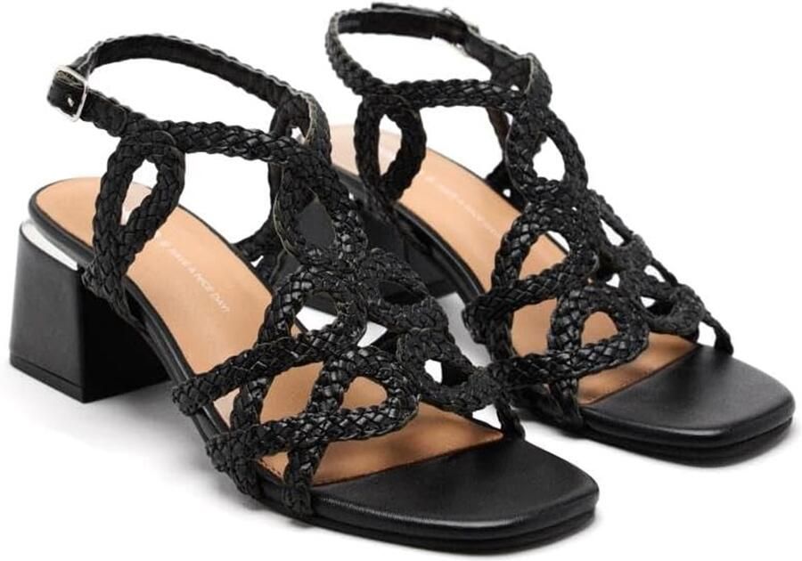 Dames Sandalen met Blokhak en Gevlochten Leer Zwart