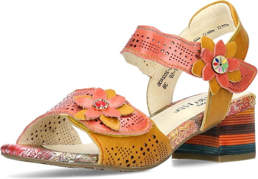 Dames Sandalen Oranje Leer Bloemen Klittenband