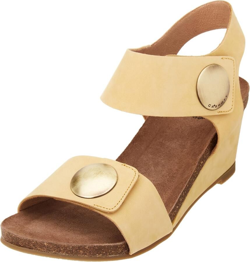 Dames Sandalen met Klittenband en Blokhak Geel Nubuck