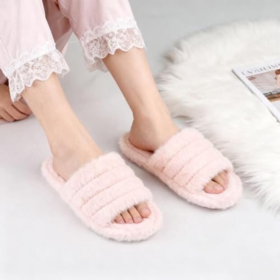 Dames Sandalen met Open Teen Zachte Pluche Binnen- en Buitenschoenen Roze - Foto 1