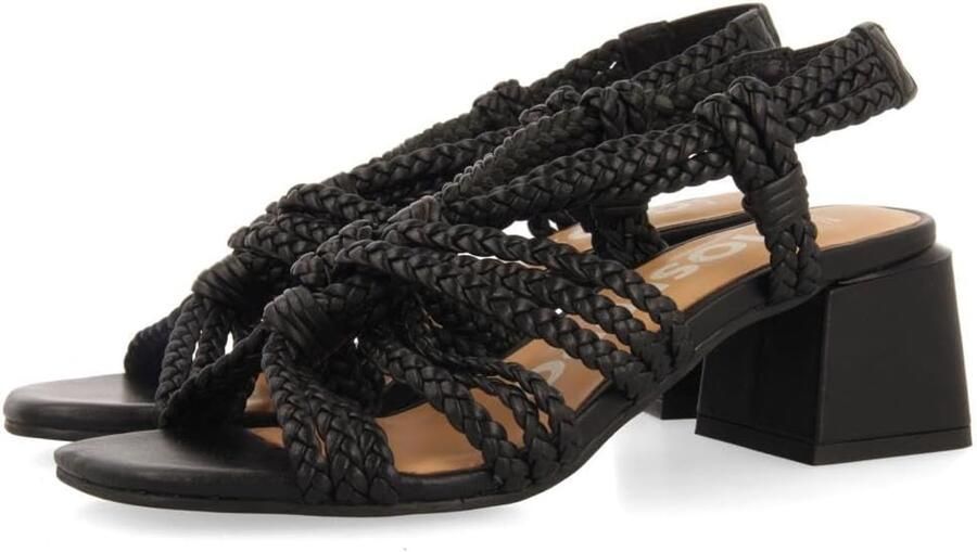 Dames Sandalen met Vlechtwerk en Gesp Zwart Leer