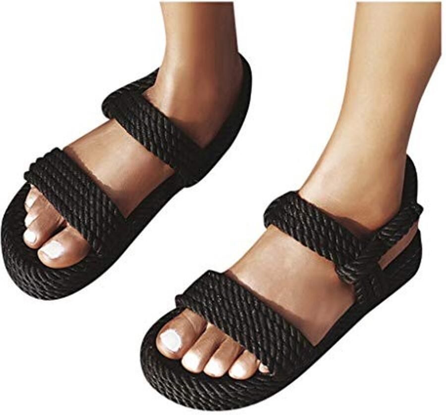 Sandalen Dames Platte Zolen Open Teen Zwart - Foto 1