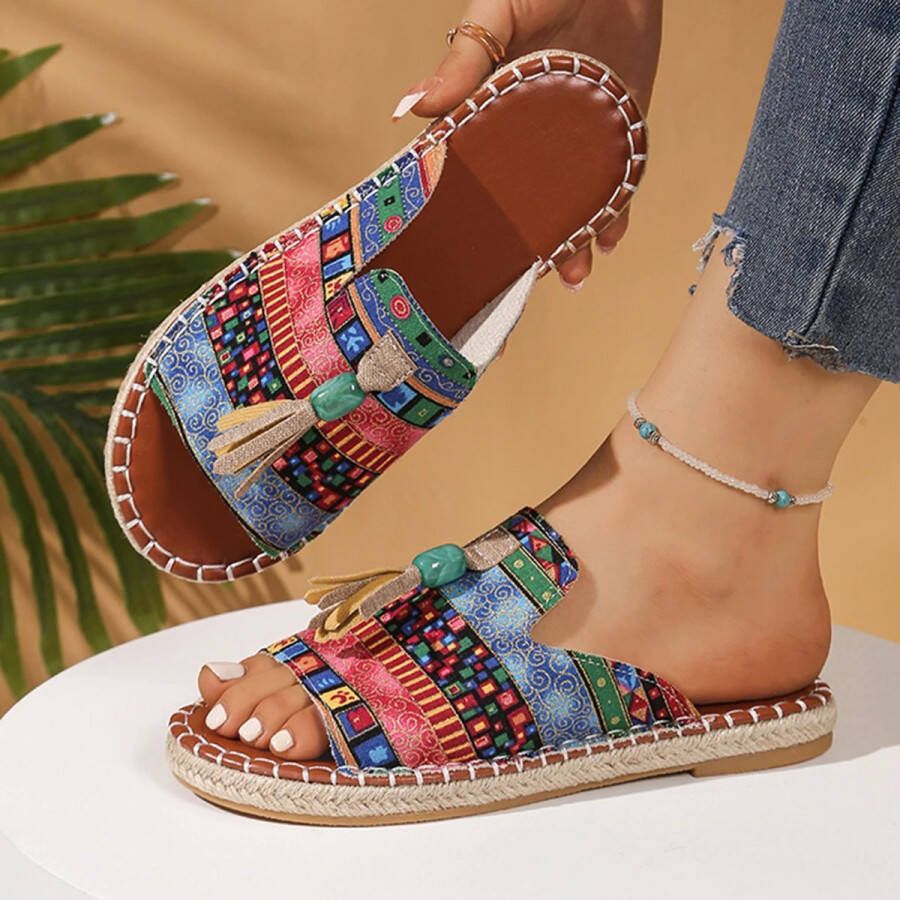Dames Sandalen Zomer 2025 Boho Platte Slippers met Print en Kwastjes Antislip Strandsandalen Outdoor in