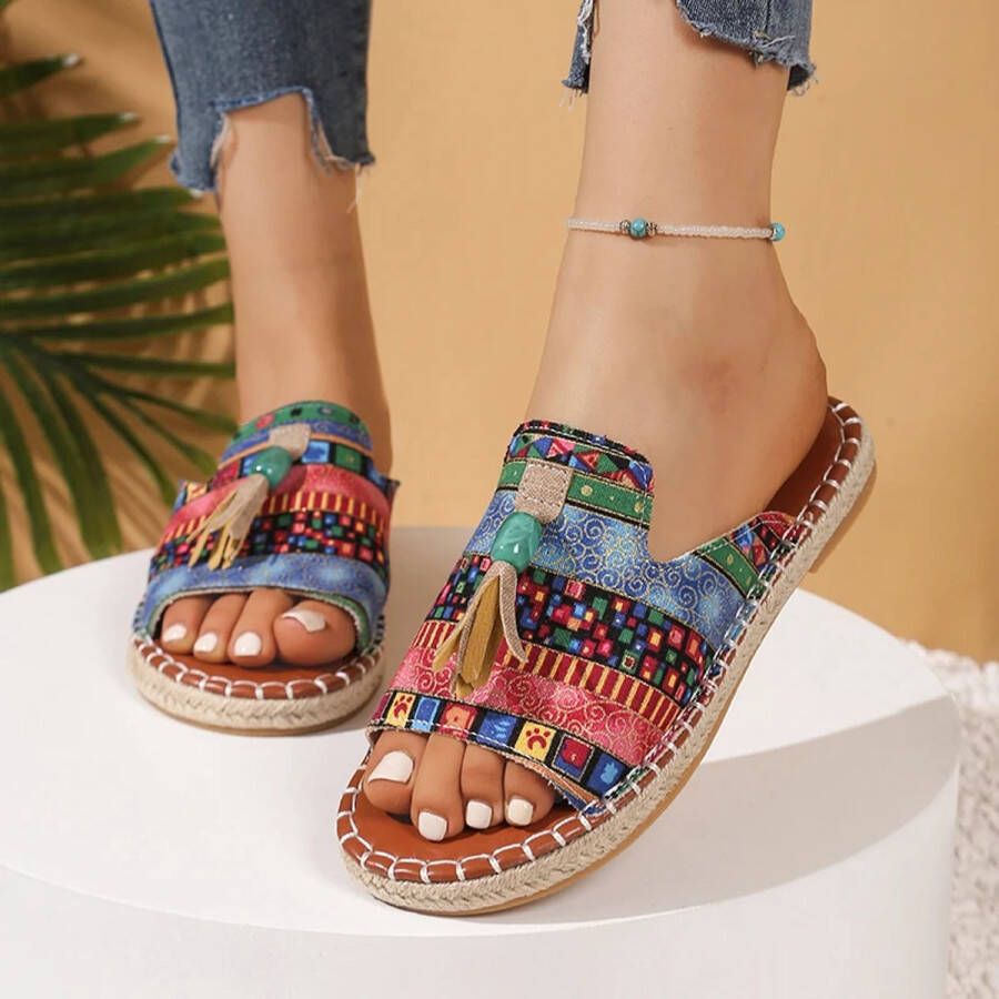 Dames Sandalen Zomer 2025 Boho Platte Slippers met Print en Kwastjes Antislip Strandsandalen Outdoor in