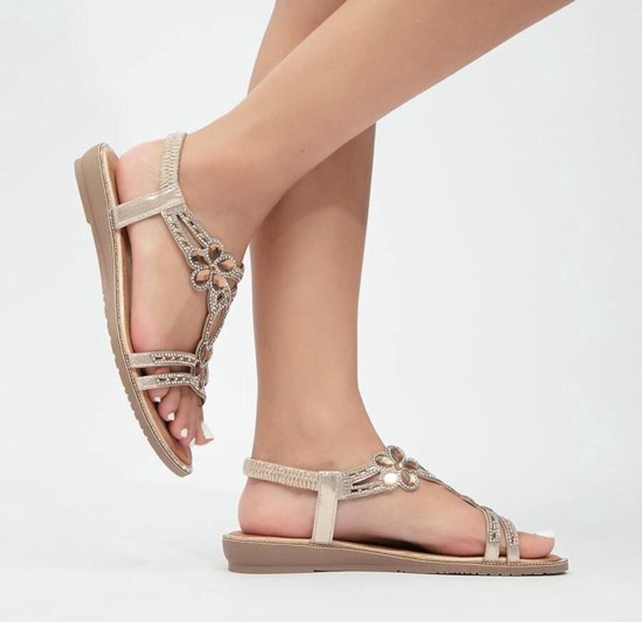 Dames Sandalen Zomer Gladiator-sandalen Open-toe Comfortabel Glinsterend Bloem Diamanten Platte Sandalen Geschikt voor Zomeroutfits Zwart