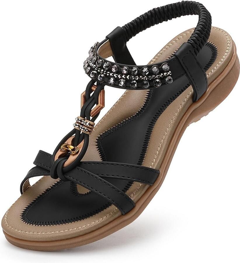 Dames Sandalen Zomer Platte Boheemse Stijl met Strass Steentjes Comfortabel voor Strand en Vrije Tijd
