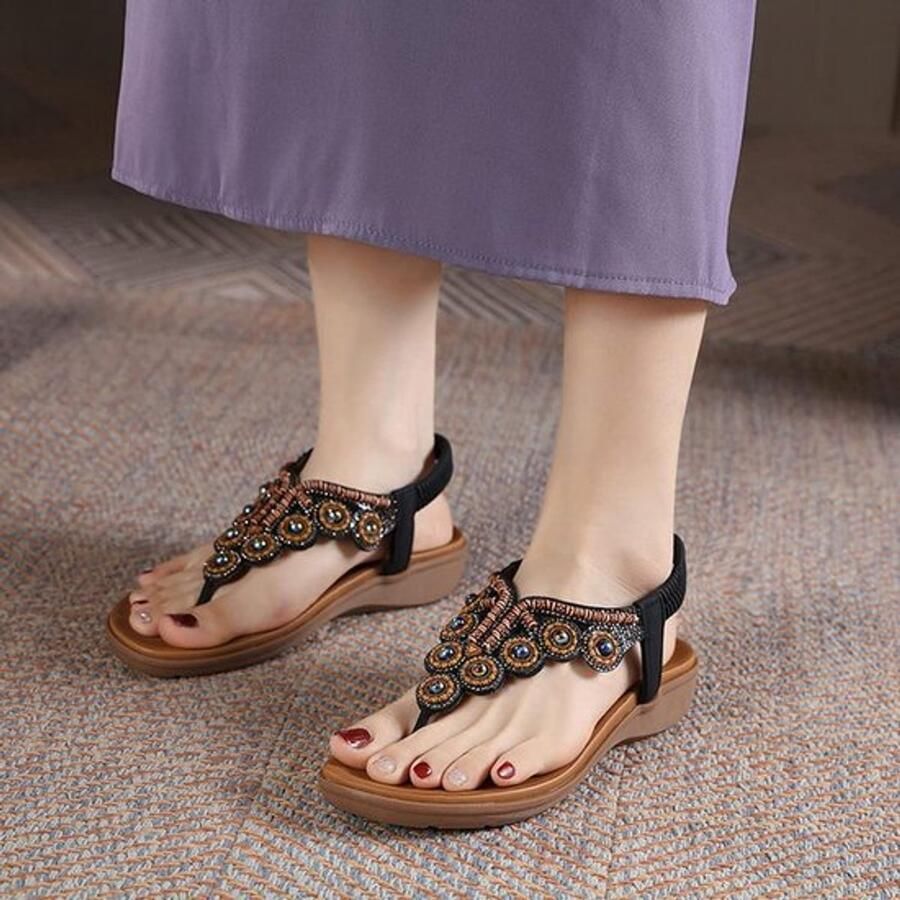 Dames Sandalen Zomer Schoenen Elastische Enkelband Bohemian Stijl Platte Zolen Geschikt voor Vrouwen Zwart