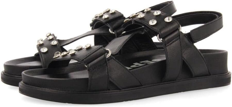 Dames Sandalen Zwart Leer met Kristallen