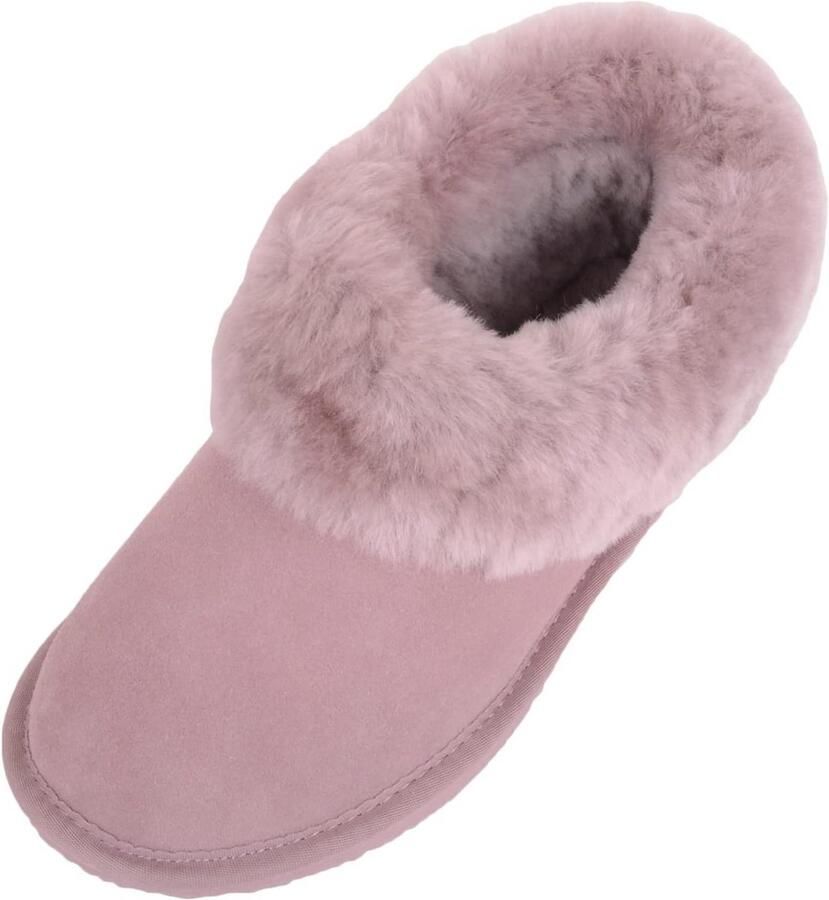 Warme dames sloffen met echte schapenvacht voering en bontrand