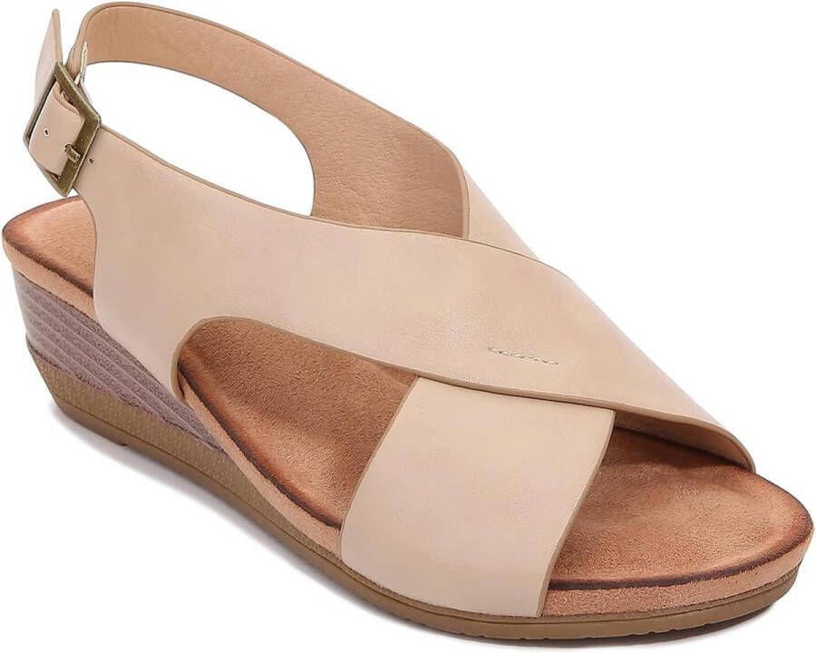 Dames Schoenen Wedge Sandalen Klassieke Cross Strap Open Teen Gesp Platform Outdoor Schoenen Beige 4 UK Wide Comfortabele zomer schoenen met sleehak voor dames