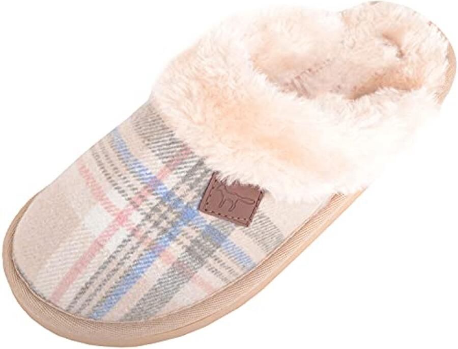 Dames Slip On Open Back Tartan Ruit Faux Bont Winter Slippers