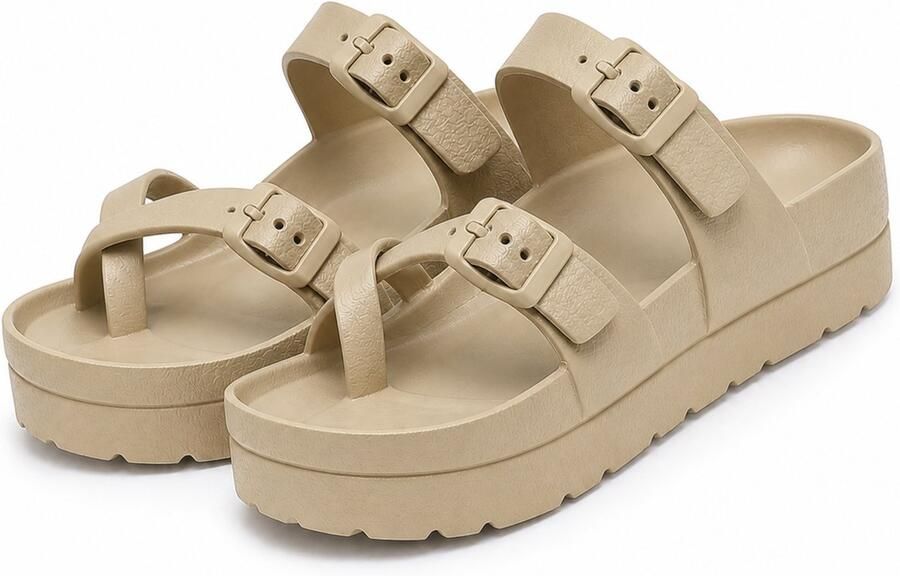 Dames Slippers EVA Sandalen met Gespen Teenslipper Comfort en Lichtgewicht Zomer Slippers Khaki - Foto 2