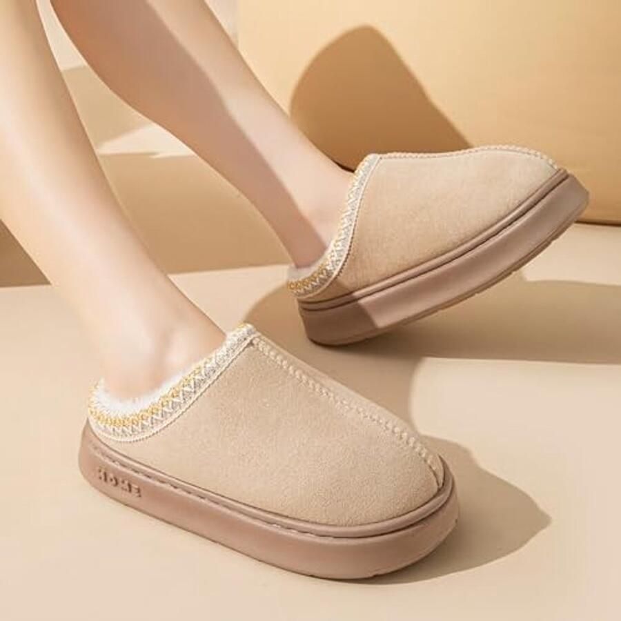 Slippers Voor Dames Suède Met Fluffy Voering