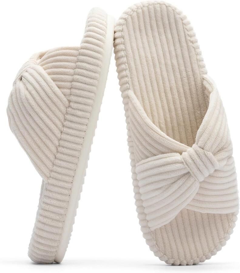 Dames Slippers met Memory Foam Kruisband en Strik Comfortabele Corduroy Slides voor Binnen en Buiten