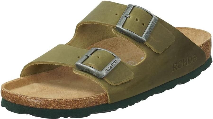 Dames Slippers Olijf Lederen Pantolette Verstelbare Klittenband Sluiting Comfortabele Breedte G