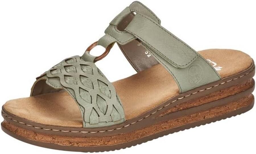 Dames Slippers Olijfgroen Kunstleer met Klittenband en Lichtgewicht Wedge Zool