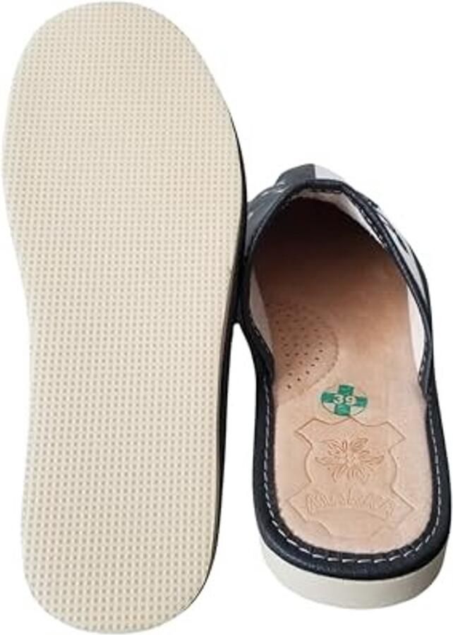 Dames Slippers van Echt Leer Geborduurd Paardenbloem Motief Zwart-Wit - Foto 1