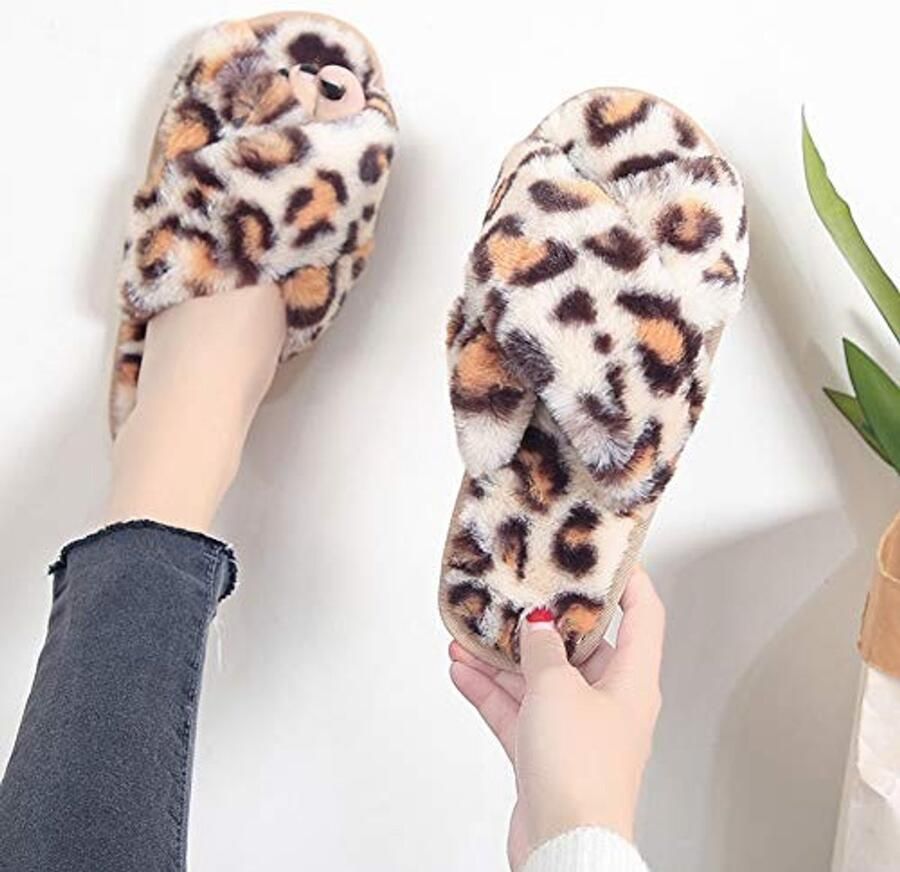 Dames Slippers Warm en Comfortabel Beige Luipaard