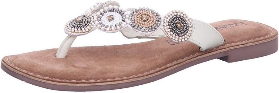 Dames Slippers Wit Leer met Strass en Kralen Plateauzool