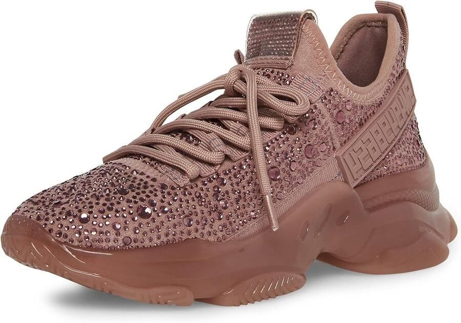 Dames Sneaker Roze Gebreid Upper Plateauzool Strass Details