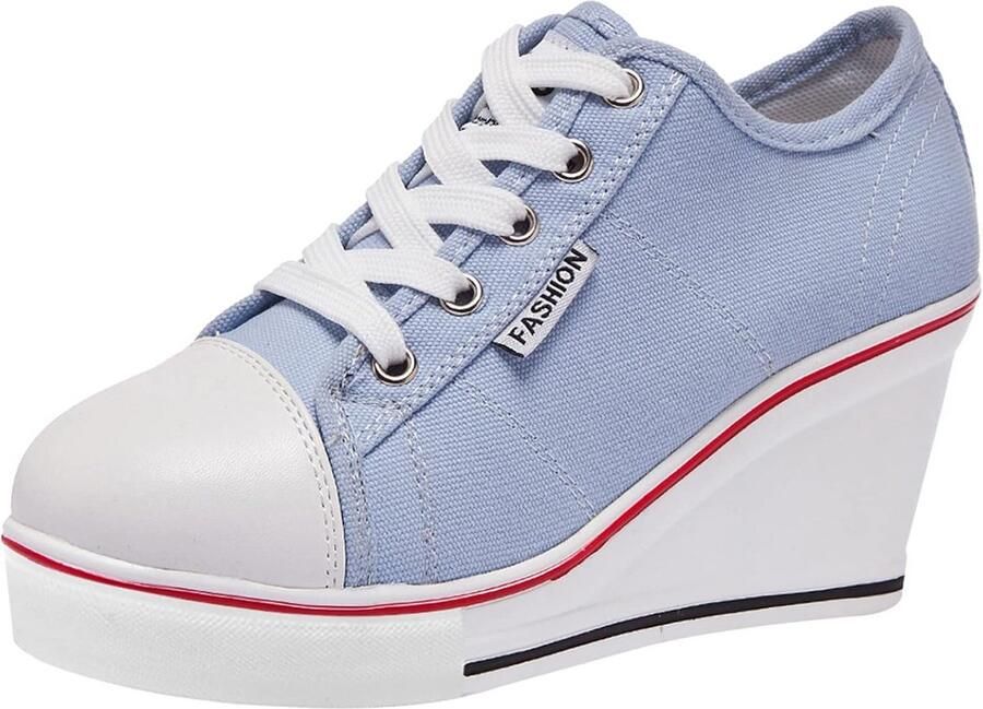 Dames Sneakers met Plateauhak en Vetersluiting Canvas Sportschoenen