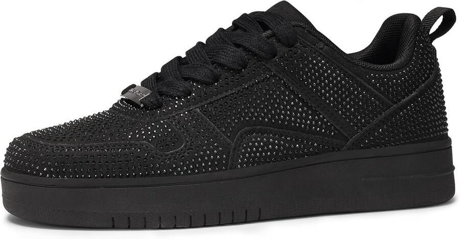 Comfortabele Dames Sneakers met Strassstenen en Leren Look Vetersluiting