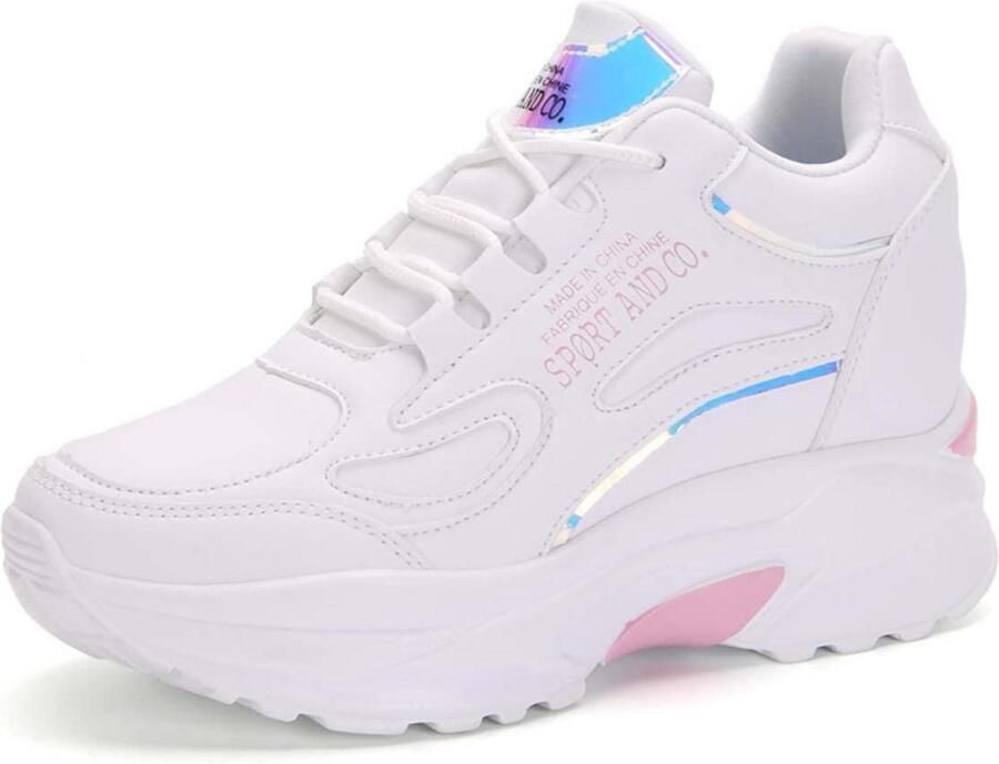 Dames Sneakers met Verborgen Wedges Platform Hoge Hakken Wandelschoenen Wit Roze