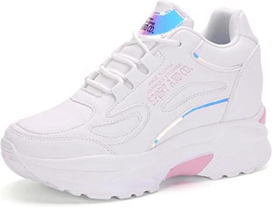 Dames Sneakers met Verborgen Wedges Platform Hoge Hakken Wandelschoenen Wit Roze