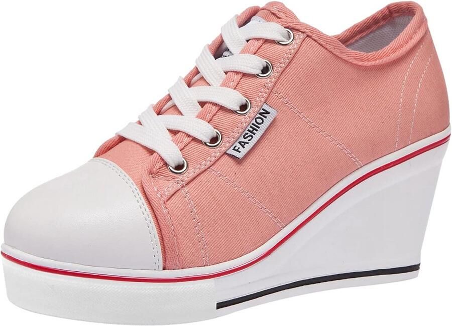 Dames Sneakers met Wedge Hak en Vetersluiting Canvas Sportschoenen