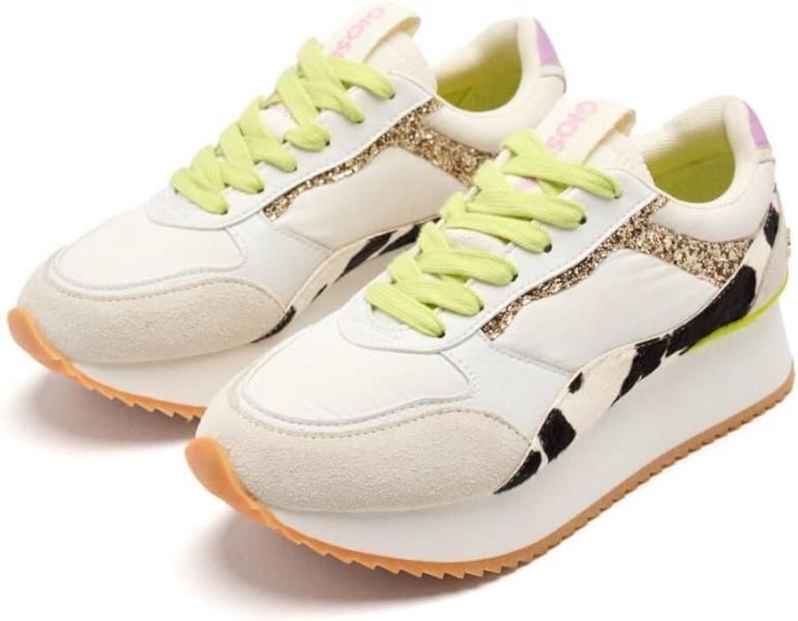 Dames Sneakers Wit met Luipaardprint en Glitter Plateauzool