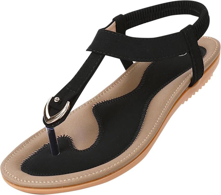 Dames Teenslippers Zomer PU Leer Bohemia Platte Zandalen Zwart