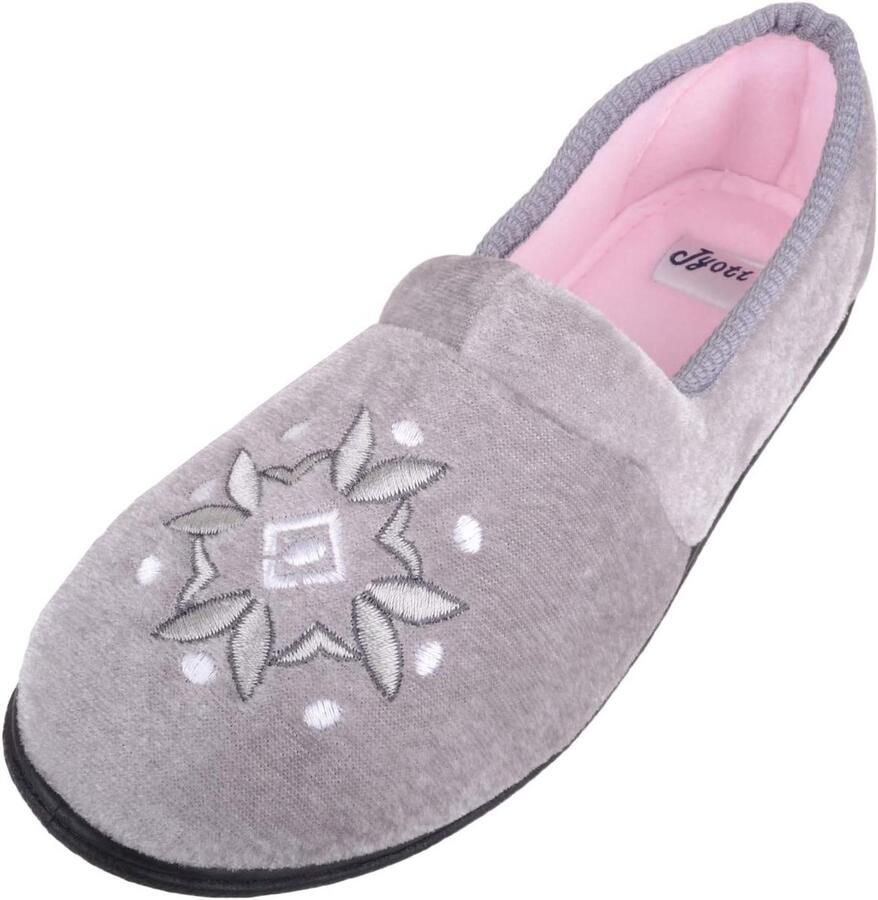 Dames Velours Pantoffels Instappers met Bloemenprint en Antislipzool