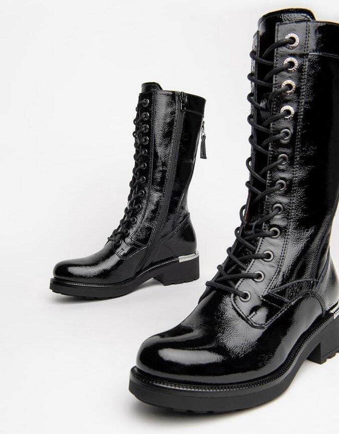 Dames Veterlaarzen Lak Zilveren Details Militaire Stijl Blokhak