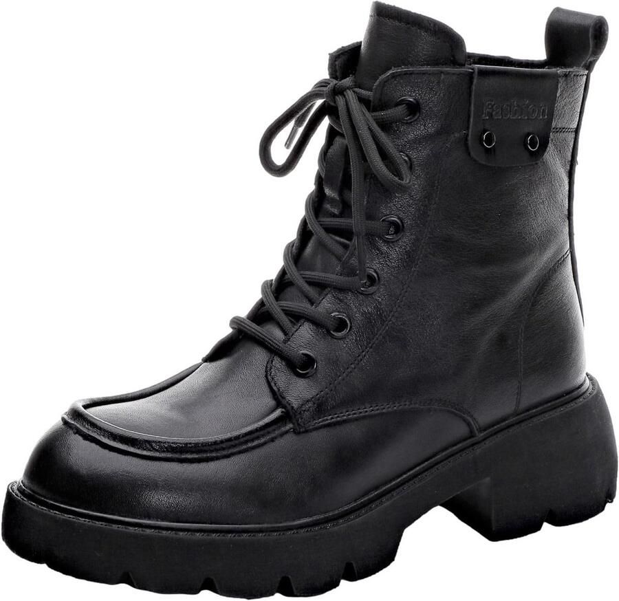 Dames Veterlaarzen met Chunky Hak en Ritssluiting Leren Combat Bootie