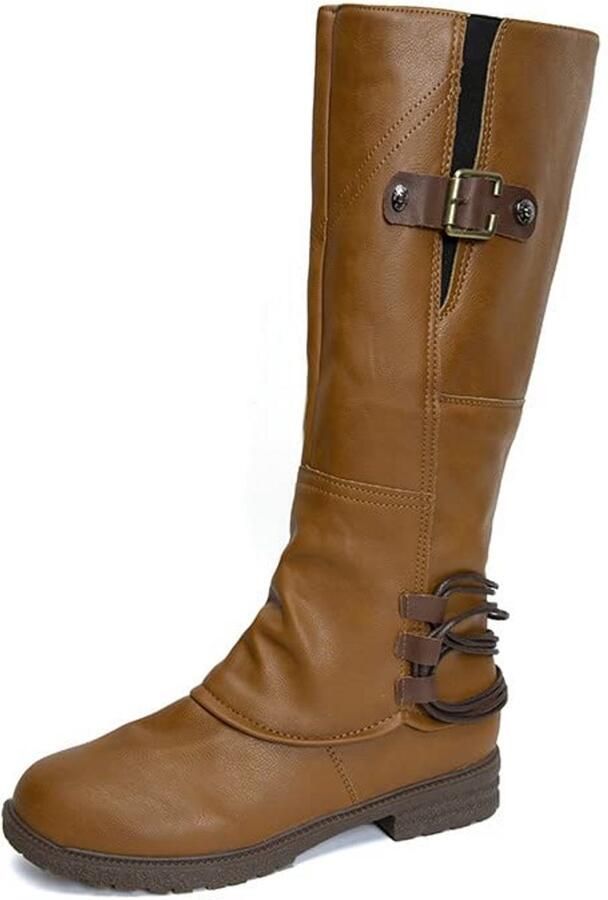 Dames Vintage Leren Hoge Knieboots met Vierkante Hak Waterdichte en Antislip Winterlaarzen