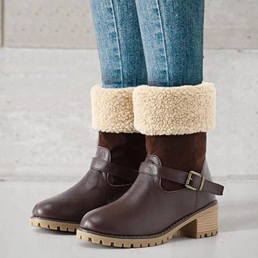 Dames Wandellaarzen Kraag Bont Gevoerd Winter Warm Enkellaars Chunky Hak Schoenen Koffie