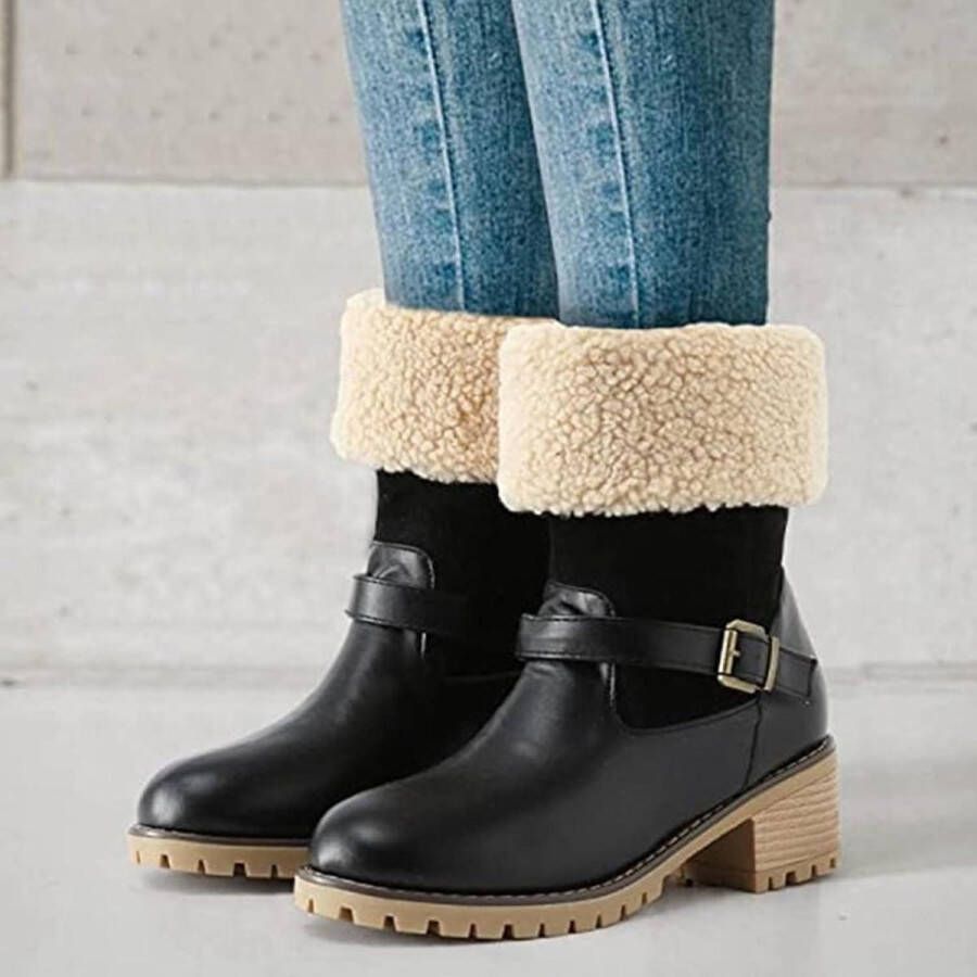 Dames Wandellaarzen Kraag Bont Gevoerd Winter Warm Outdoor Hak Schoenen Zwart 40.5