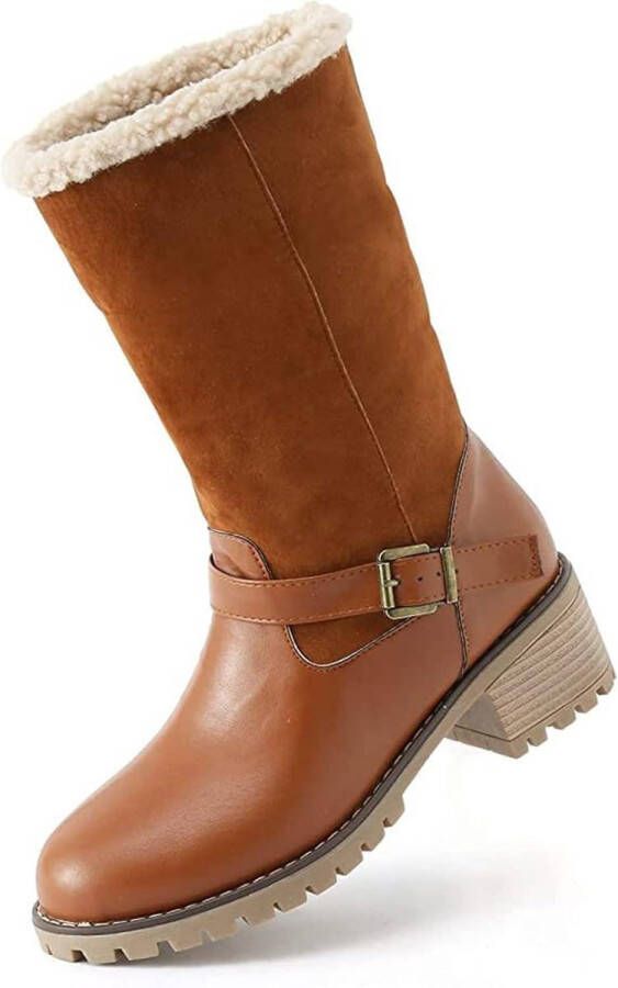 Dames Wandellaarzen met Kraag Bont Gevoerd Winter Warm Enkellaars Outdoor Chunky Hak Bruin 40.5