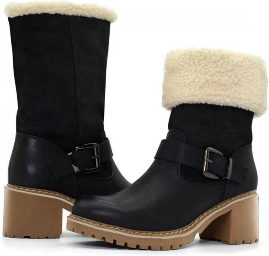 Dames Wandellaarzen Met Kraag en Bontvoering Winter Warm en Outdoor Chunky Hak Zwart 40.5