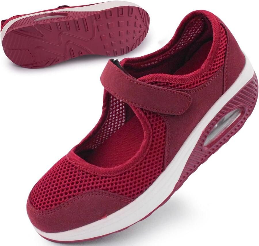 Dames Wandelschoenen Rood Ademend Lichtgewicht Sneakers met Klittenband en Memory Foam