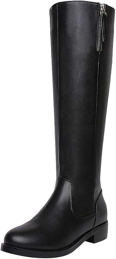 Dames Warm Winter Pluizige Voering Knie Laarzen Elegant Oprecht Leer Zwart Platte Hak Rits Rijden Laarzen