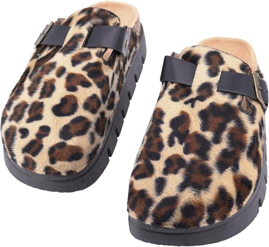 Dames Warme Pantoffels met Luipaardprint en Stevige Wedge Hak