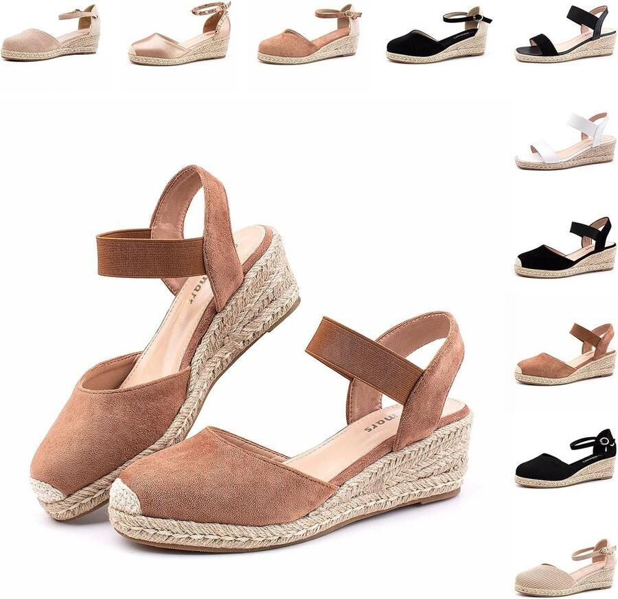 Dames Wedge Espadrilles met Plateauzool en Enkelband Comfortabele Zomersandalen met Lage Hak